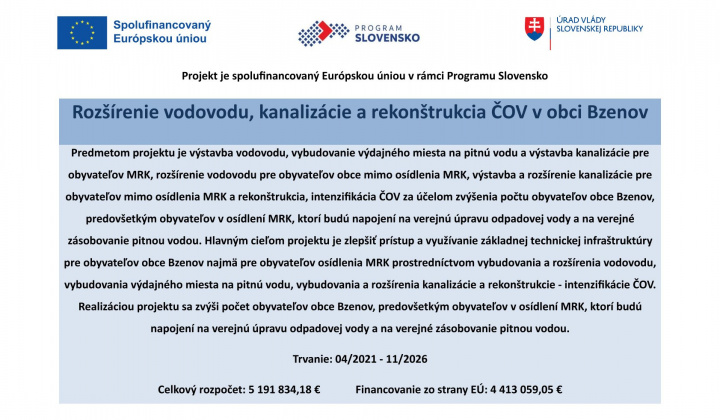 2. fotografia fotogalérie Projekty / Rozšírenie vodovodu, kanalizácie a rekonštrukcia ČOV v obci Bzenov - foto