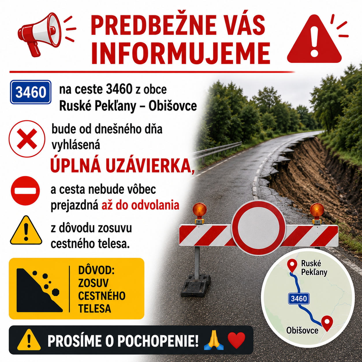 Fotka - Oznam o úplnej uzávierke cesty Ruské Pekľany - Obišovce