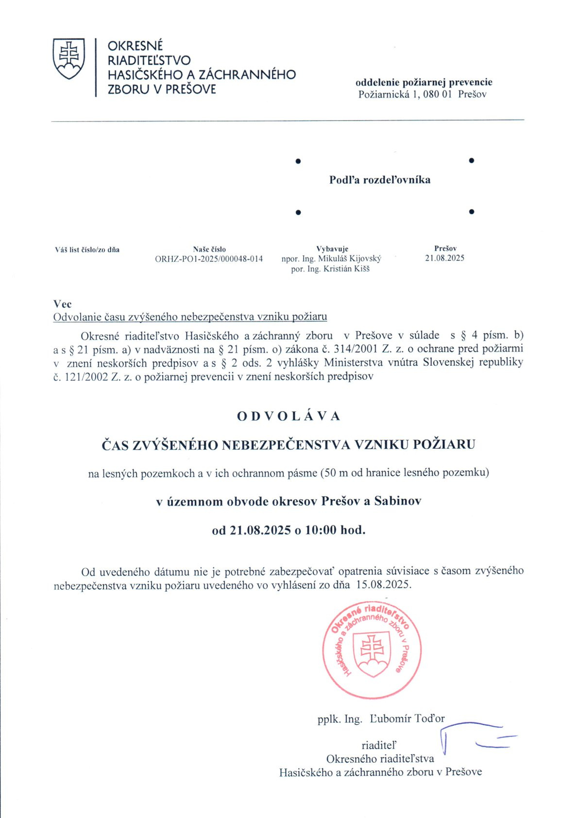 Fotka - Odvolanie času zvýšeného nebezpečenstva vzniku požiaru